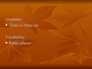 Grammar: There is /there are Vocabulary: Public places 