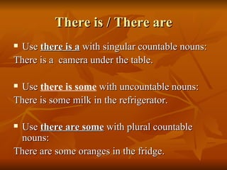There is / There are Use  there is a  with singular countable nouns: There is a  camera under the table. Use  there is some  with uncountable nouns: There is some milk in the refrigerator. Use  there are some  with plural countable nouns: There are some oranges in the fridge.  