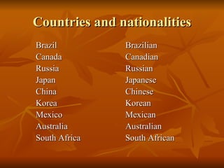 Countries and nationalities Brazil  Brazilian Canada   Canadian Russia Russian Japan Japanese China Chinese Korea Korean Mexico Mexican Australia Australian South Africa South African 