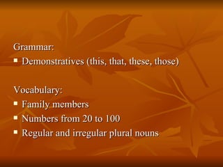 Grammar:  Demonstratives (this, that, these, those) Vocabulary: Family members Numbers from 20 to 100 Regular and irregular plural nouns 