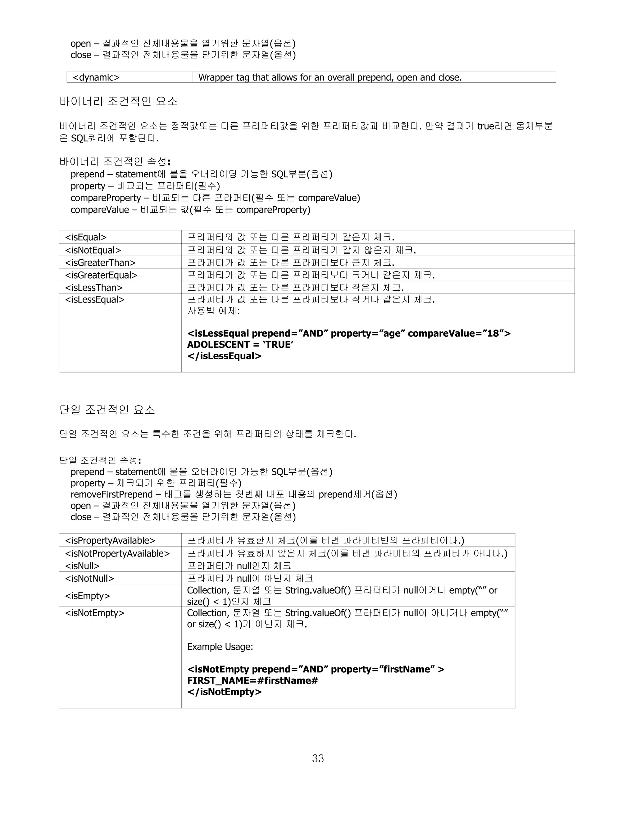 open – 결과적인 전체내용물을 열기위한 문자열(옵션)
 close – 결과적인 전체내용물을 닫기위한 문자열(옵션)

  <dynamic>                  Wrapper tag that allows for an overall prepend, open and close.

바이너리 조건적인 요소

바이너리 조건적인 요소는 정적값또는 다른 프라퍼티값을 위한 프라퍼티값과 비교한다. 만약 결과가 true라면 몸체부분
은 SQL쿼리에 포함된다.

바이너리 조건적인 속성:
 prepend – statement에 붙을 오버라이딩 가능한 SQL부분(옵션)
 property – 비교되는 프라퍼티(필수)
 compareProperty – 비교되는 다른 프라퍼티(필수 또는 compareValue)
 compareValue – 비교되는 값(필수 또는 compareProperty)

<isEqual>                  프라퍼티와 값       또는   다른   프라퍼티가 같은지 체크.
<isNotEqual>               프라퍼티와 값       또는   다른   프라퍼티가 같지 않은지 체크.
<isGreaterThan>            프라퍼티가 값       또는   다른   프라퍼티보다 큰지 체크.
<isGreaterEqual>           프라퍼티가 값       또는   다른   프라퍼티보다 크거나 같은지 체크.
<isLessThan>               프라퍼티가 값       또는   다른   프라퍼티보다 작은지 체크.
<isLessEqual>              프라퍼티가 값       또는   다른   프라퍼티보다 작거나 같은지 체크.
                           사용법 예제:

                           <isLessEqual prepend=”AND” property=”age” compareValue=”18”>
                           ADOLESCENT = ‘TRUE’
                           </isLessEqual>




단일 조건적인 요소

단일 조건적인 요소는 특수한 조건을 위해 프라퍼티의 상태를 체크한다.

단일 조건적인 속성:
 prepend – statement에 붙을 오버라이딩 가능한 SQL부분(옵션)
 property – 체크되기 위한 프라퍼티(필수)
 removeFirstPrepend – 태그를 생성하는 첫번째 내포 내용의 prepend제거(옵션)
 open – 결과적인 전체내용물을 열기위한 문자열(옵션)
 close – 결과적인 전체내용물을 닫기위한 문자열(옵션)

<isPropertyAvailable>      프라퍼티가 유효한지 체크(이를 테면 파라미터빈의 프라퍼티이다.)
<isNotPropertyAvailable>   프라퍼티가 유효하지 않은지 체크(이를 테면 파라미터의 프라퍼티가 아니다.)
<isNull>                   프라퍼티가 null인지 체크
<isNotNull>                프라퍼티가 null이 아닌지 체크
                           Collection, 문자열 또는 String.valueOf() 프라퍼티가 null이거나 empty(“” or
<isEmpty>
                           size() < 1)인지 체크
<isNotEmpty>               Collection, 문자열 또는 String.valueOf() 프라퍼티가 null이 아니거나 empty(“”
                           or size() < 1)가 아닌지 체크.

                           Example Usage:

                           <isNotEmpty prepend=”AND” property=”firstName” >
                           FIRST_NAME=#firstName#
                           </isNotEmpty>




                                                        33
 