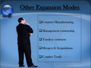 Contract Manufacturing
Management contracting
Turnkey contracts
Mergers & Acquisitions
Counter Trade
Other Expansion Modes
 