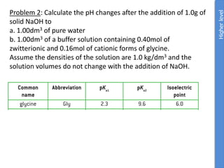 Problem 2: Calculate the pH changes after the addition of 1.0g of
solid NaOH to
a. 1.00dm3 of pure water
b. 1.00dm3 of a buffer solution containing 0.40mol of
zwitterionic and 0.16mol of cationic forms of glycine.
Assume the densities of the solution are 1.0 kg/dm3 and the
solution volumes do not change with the addition of NaOH.
Higher
level
 