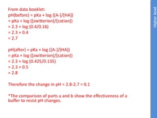 From data booklet:
pH(before) = pKa + log ([A-]/[HA])
= pKa + log ([zwitterion]/[cation])
= 2.3 + log (0.4/0.16)
= 2.3 + 0.4
= 2.7
pH(after) = pKa + log ([A-]/[HA])
= pKa + log ([zwitterion]/[cation])
= 2.3 + log (0.425/0.135)
= 2.3 + 0.5
= 2.8
Therefore the change in pH = 2.8-2.7 = 0.1
*The comparison of parts a and b show the effectiveness of a
buffer to resist pH changes.
Higher
level
 