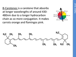 Β-Carotenes is a carotene that absorbs
at longer wavelengths of around 430-
480nm due to a longer hydrocarbon
chain as so more conjugation. It makes
carrots orange and flamingos pink.
Higher
level
 