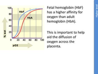 Fetal hemoglobin (HbF)
has a higher affinity for
oxygen than adult
hemoglobin (HbA).
This is important to help
aid the diffusion of
oxygen across the
placenta.
Higher
level
 
