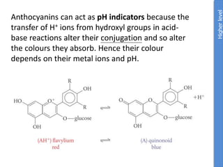 Anthocyanins can act as pH indicators because the
transfer of H+ ions from hydroxyl groups in acid-
base reactions alter their conjugation and so alter
the colours they absorb. Hence their colour
depends on their metal ions and pH.
Higher
level
 