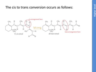 The cis to trans conversion occurs as follows:
Higher
level
 