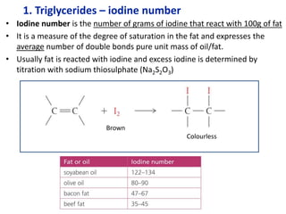 1. Triglycerides – iodine number
• Iodine number is the number of grams of iodine that react with 100g of fat
• It is a measure of the degree of saturation in the fat and expresses the
average number of double bonds pure unit mass of oil/fat.
• Usually fat is reacted with iodine and excess iodine is determined by
titration with sodium thiosulphate (Na2S2O3)
Brown
Colourless
 