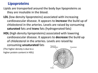 Lipids are transported around the body bye lipoproteins as
they are insoluble in the blood.
LDL (low density lipoproteins) associated with increasing
cardiovascular disease. It appears to increase the build up of
chlolesterol in the arteries. Levels are raised by consuming
saturated fats and trans fats (hydrogenated fats)
HDL (high density liproproteins) associated with lowering
cardiovascular disease. It appears to decrease the build up
of chlolesterol in the arteries. Levels are raised by
consuming unsaturated fats
(The higher density is due to a
higher protein content in HDL)
Lipoproteins
 