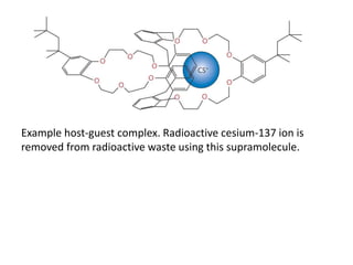 Example host-guest complex. Radioactive cesium-137 ion is
removed from radioactive waste using this supramolecule.
 