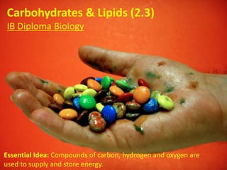 Carbohydrates & Lipids (2.3)
IB Diploma Biology
Essential Idea: Compounds of carbon, hydrogen and oxygen are
used to supply and store energy.
 