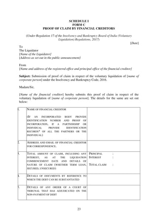 23
SCHEDULE I
FORM C
PROOF OF CLAIM BY FINANCIAL CREDITORS
(Under Regulation 17 of the Insolvency and Bankruptcy Board of India (Voluntary
Liquidation) Regulations, 2017)
[Date]
To
The Liquidator
[Name of the Liquidator]
[Address as set out in the public announcement]
From
[Name and address of the registered office and principal office of the financial creditor]
Subject: Submission of proof of claim in respect of the voluntary liquidation of [name of
corporate person] under the Insolvency and Bankruptcy Code, 2016.
Madam/Sir,
[Name of the financial creditor] hereby submits this proof of claim in respect of the
voluntary liquidation of [name of corporate person]. The details for the same are set out
below:
1. NAME OF FINANCIAL CREDITOR
(IF AN INCORPORATED BODY PROVIDE
IDENTIFICATION NUMBER AND PROOF OF
INCORPORATION, IF A PARTNERSHIP OR
INDIVIDUAL PROVIDE IDENTIFICATION
RECORDS* OF ALL THE PARTNERS OR THE
INDIVIDUAL)
2. ADDRESS AND EMAIL OF FINANCIAL CREDITOR
FOR CORRESPONDENCE.
3. TOTAL AMOUNT OF CLAIM, INCLUDING ANY
INTEREST, AS AT THE LIQUIDATION
COMMENCEMENT DATE AND DETAILS OF
NATURE OF CLAIM (WHETHER TERM LOAN,
SECURED, UNSECURED)
PRINCIPAL :
INTEREST :
TOTAL CLAIM :
4. DETAILS OF DOCUMENTS BY REFERENCE TO
WHICH THE DEBT CAN BE SUBSTANTIATED
5. DETAILS OF ANY ORDER OF A COURT OF
TRIBUNAL THAT HAS ADJUDICATED ON THE
NON-PAYMENT OF DEBT
 