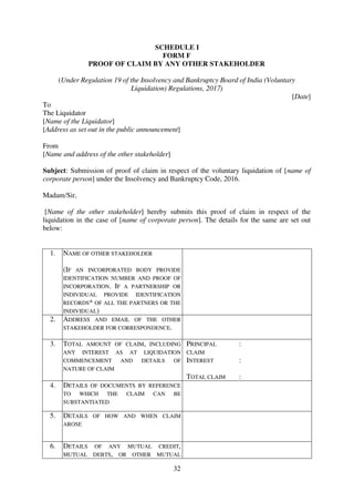 32
SCHEDULE I
FORM F
PROOF OF CLAIM BY ANY OTHER STAKEHOLDER
(Under Regulation 19 of the Insolvency and Bankruptcy Board of India (Voluntary
Liquidation) Regulations, 2017)
[Date]
To
The Liquidator
[Name of the Liquidator]
[Address as set out in the public announcement]
From
[Name and address of the other stakeholder]
Subject: Submission of proof of claim in respect of the voluntary liquidation of [name of
corporate person] under the Insolvency and Bankruptcy Code, 2016.
Madam/Sir,
[Name of the other stakeholder] hereby submits this proof of claim in respect of the
liquidation in the case of [name of corporate person]. The details for the same are set out
below:
1. NAME OF OTHER STAKEHOLDER
(IF AN INCORPORATED BODY PROVIDE
IDENTIFICATION NUMBER AND PROOF OF
INCORPORATION. IF A PARTNERSHIP OR
INDIVIDUAL PROVIDE IDENTIFICATION
RECORDS* OF ALL THE PARTNERS OR THE
INDIVIDUAL)
2. ADDRESS AND EMAIL OF THE OTHER
STAKEHOLDER FOR CORRESPONDENCE.
3. TOTAL AMOUNT OF CLAIM, INCLUDING
ANY INTEREST AS AT LIQUIDATION
COMMENCEMENT AND DETAILS OF
NATURE OF CLAIM
PRINCIPAL
CLAIM
:
INTEREST :
TOTAL CLAIM :
4. DETAILS OF DOCUMENTS BY REFERENCE
TO WHICH THE CLAIM CAN BE
SUBSTANTIATED
5. DETAILS OF HOW AND WHEN CLAIM
AROSE
6. DETAILS OF ANY MUTUAL CREDIT,
MUTUAL DEBTS, OR OTHER MUTUAL
 