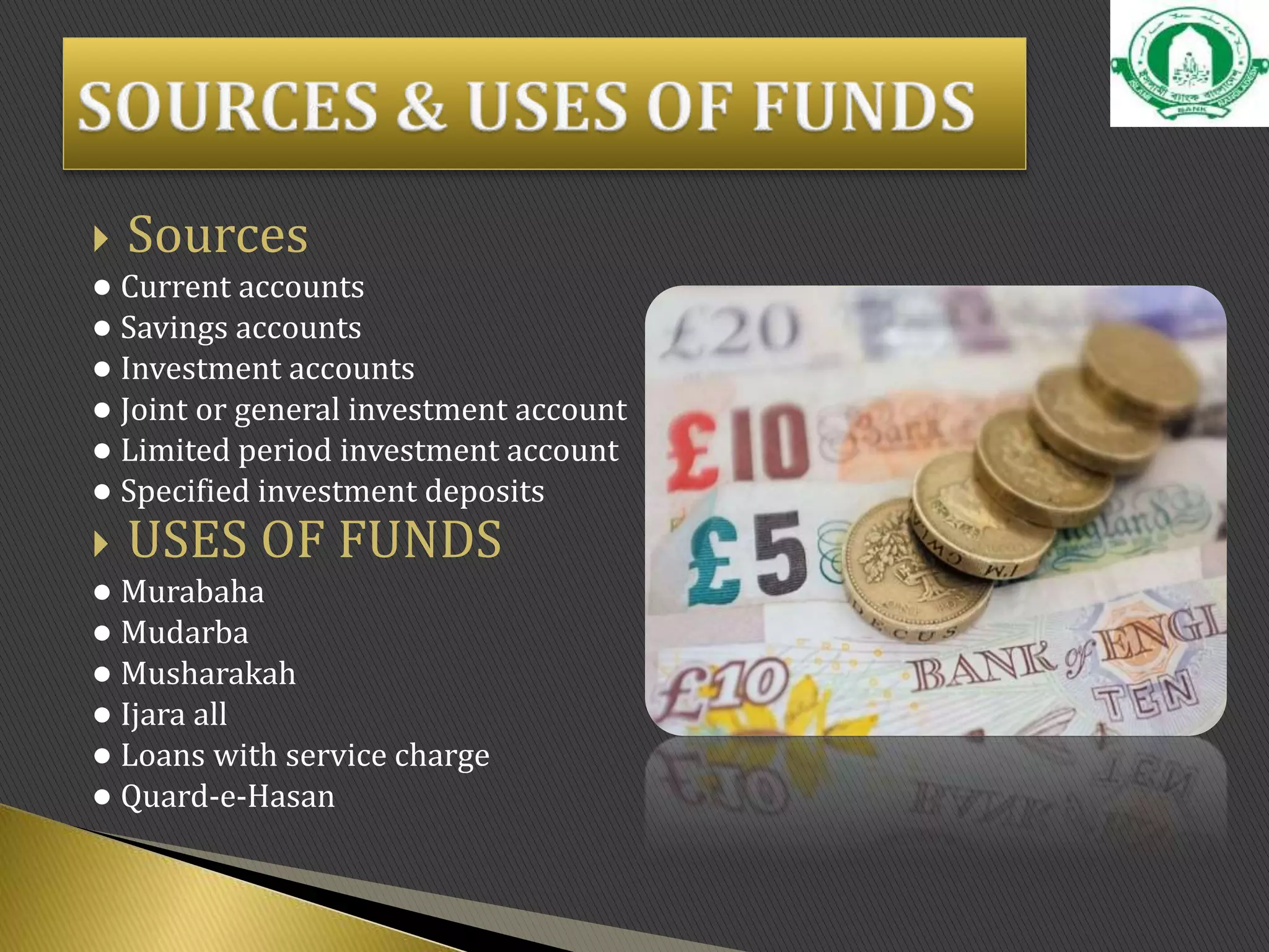  Sources
● Current accounts
● Savings accounts
● Investment accounts
● Joint or general investment account
● Limited period investment account
● Specified investment deposits
 USES OF FUNDS
● Murabaha
● Mudarba
● Musharakah
● Ijara all
● Loans with service charge
● Quard-e-Hasan
 
