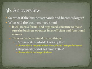 So, what if the business expands and becomes larger?What will the business need then?It will need a formal and organized structure to make sure the business operates in an efficient and functional manner.This can be determined by two things:1. Accountability….what do I mean by this?Shows who is responsible for what job and their performance.2. Responsibility…what do I mean by this?Shows who is in charge of whom.3b. An overview: