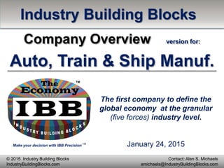 Make your decision with IBB Precision
TM
Contact: Alan S. Michaels
amichaels@IndustryBuildingBlocks.com
© 2015 Industry Building Blocks
IndustryBuildingBlocks.com
The first company to define the
global economy at the granular
(five forces) industry level.
Industry Building Blocks
Company Overview version for:
Auto, Train & Ship Manuf.
January 24, 2015
 