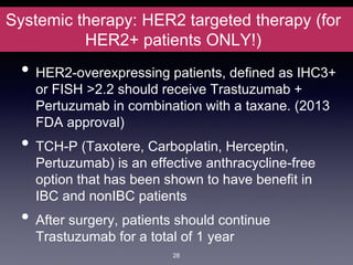 Systemic therapy: HER2 targeted therapy (for
HER2+ patients ONLY!)
• HER2-overexpressing patients, defined as IHC3+
or FISH >2.2 should receive Trastuzumab +
Pertuzumab in combination with a taxane. (2013
FDA approval)
• TCH-P (Taxotere, Carboplatin, Herceptin,
Pertuzumab) is an effective anthracycline-free
option that has been shown to have benefit in
IBC and nonIBC patients
• After surgery, patients should continue
Trastuzumab for a total of 1 year
28
 