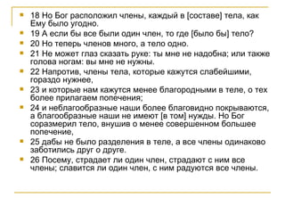 18 Но Бог расположил члены, каждый в [составе] тела, как Ему было угодно. 19 А если бы все были один член, то где [было бы] тело? 20 Но теперь членов много, а тело одно. 21 Не может глаз сказать руке: ты мне не надобна; или также голова ногам: вы мне не нужны. 22 Напротив, члены тела, которые кажутся слабейшими, гораздо нужнее, 23 и которые нам кажутся менее благородными в теле, о тех более прилагаем попечения; 24 и неблагообразные наши более благовидно покрываются, а благообразные наши не имеют [в том] нужды. Но Бог соразмерил тело, внушив о менее совершенном большее попечение, 25 дабы не было разделения в теле, а все члены одинаково заботились друг о друге. 26 Посему, страдает ли один член, страдают с ним все члены; славится ли один член, с ним радуются все члены. 