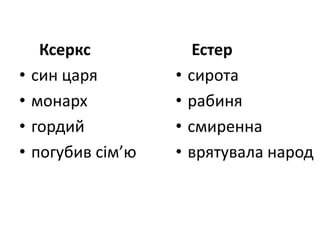 Ксеркс              Естер
•   син царя        •   сирота
•   монарх          •   рабиня
•   гордий          •   смиренна
•   погубив сім’ю   •   врятувала народ
 