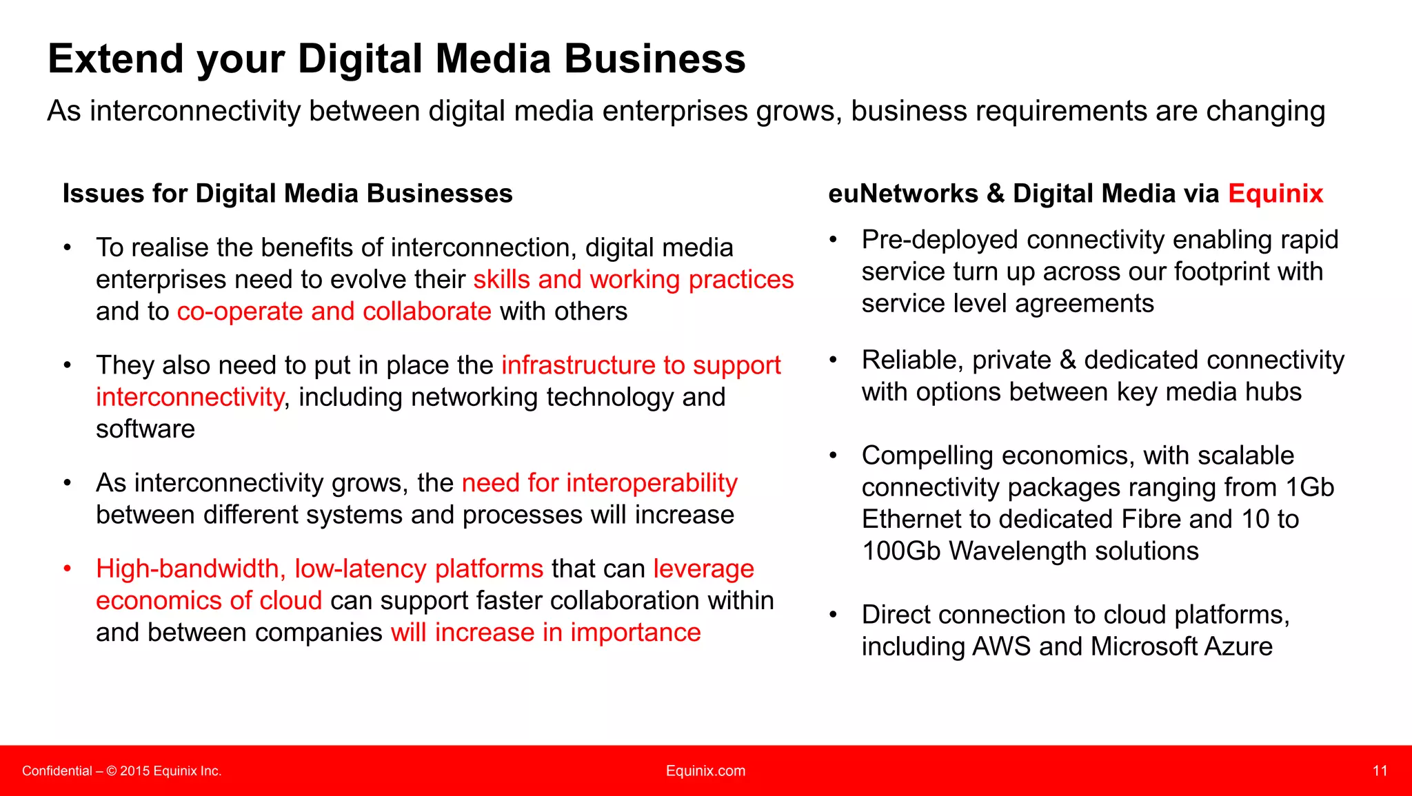 Confidential – © 2015 Equinix Inc. Equinix.com 11
Extend your Digital Media Business
As interconnectivity between digital media enterprises grows, business requirements are changing
Issues for Digital Media Businesses
• To realise the benefits of interconnection, digital media
enterprises need to evolve their skills and working practices
and to co-operate and collaborate with others
• They also need to put in place the infrastructure to support
interconnectivity, including networking technology and
software
• As interconnectivity grows, the need for interoperability
between different systems and processes will increase
• High-bandwidth, low-latency platforms that can leverage
economics of cloud can support faster collaboration within
and between companies will increase in importance
euNetworks & Digital Media via Equinix
• Pre-deployed connectivity enabling rapid
service turn up across our footprint with
service level agreements
• Reliable, private & dedicated connectivity
with options between key media hubs
• Compelling economics, with scalable
connectivity packages ranging from 1Gb
Ethernet to dedicated Fibre and 10 to
100Gb Wavelength solutions
• Direct connection to cloud platforms,
including AWS and Microsoft Azure
 