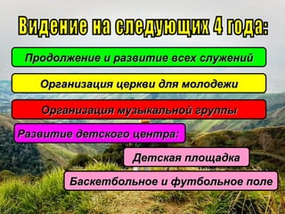 Продолжение и развитие всех служенийПродолжение и развитие всех служений
Организация церкви для молодежиОрганизация церкви для молодежи
Организация музыкальной группыОрганизация музыкальной группы
Развитие детского центра:Развитие детского центра:
Детская площадкаДетская площадка
Баскетбольное и футбольное полеБаскетбольное и футбольное поле
 