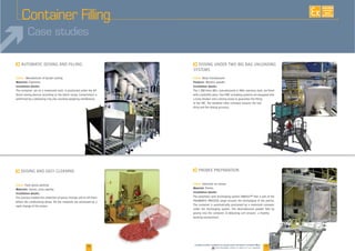 16 17
Container Filling
Case studies
F
F
Client:
Material:
Installation details:
F
F
Client :
Materials:
Installation details:
-
Client:
Materials:
Installation details:
Downloadable videos & plans on our website
AVAILABLE
CUSTOM
MADE
Client:
Products:
Installation details:
-
 