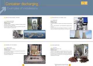 20 21
F
F
Client:
Materials:
Installation details:
F
Client:
Material:
Installation details:
and provide maximum containment.
Client:
Material:
Installation details:
-
-
F
Examples of installations
F
Container discharging
AVAILABLE
CUSTOM
MADE
Downloadable videos & plans on our website
Client:
Material:
Installation details:
 