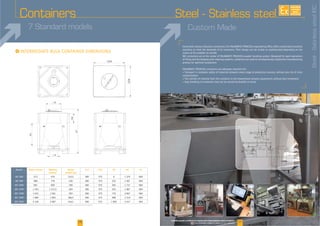 7 Standard models
I
Water volume Working
volume*
Empty
weight (kg)
Ø A Ø B Hd HT Hc
300 0
908 238 300 232
300 382
300
283 300
300 980
300
Containers
06 05www.ibc-powder-container.fr/equipements-conteneurs/conteneurs-acier-inox
Vidéos & plans téléchargeables en ligne 07www.ibc-powder-container.com/equipments/steel-stainless-steel-containers
Downloadable videos & plans on our website
Custom Made
contaminationHT
A
Hd
B
Hc
1204
1204
Steel - Stainless steel
Steel-SatinlesssteelIBC
AVAILABLE
CUSTOM
MADE
 