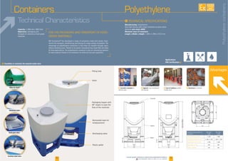 F Stackable containers to F Hygienic:
and cleaning
F Resistance
Advantages
F Ease of handling
I
Manufacturing
Optional anti-static HDPE
Maximun sizes of containers
Length x Width x Height
-
Polyethylenecontainers
Containers Polyethylene
Technical Characteristics
10 11Downloadable videos & plans on our website
ChemicalsAgrifoodAgrochemicals
Applications
FDA Certification F
Capacity:
Objectives:
10
guillotine)
2 280
300 300
F Possibility to customize the material outlet valve
Valve for liquid
Aluminum valve
Knife gate valve
Stainless steel valve
remplacement
AVAILABLE
CUSTOM
MADE
 