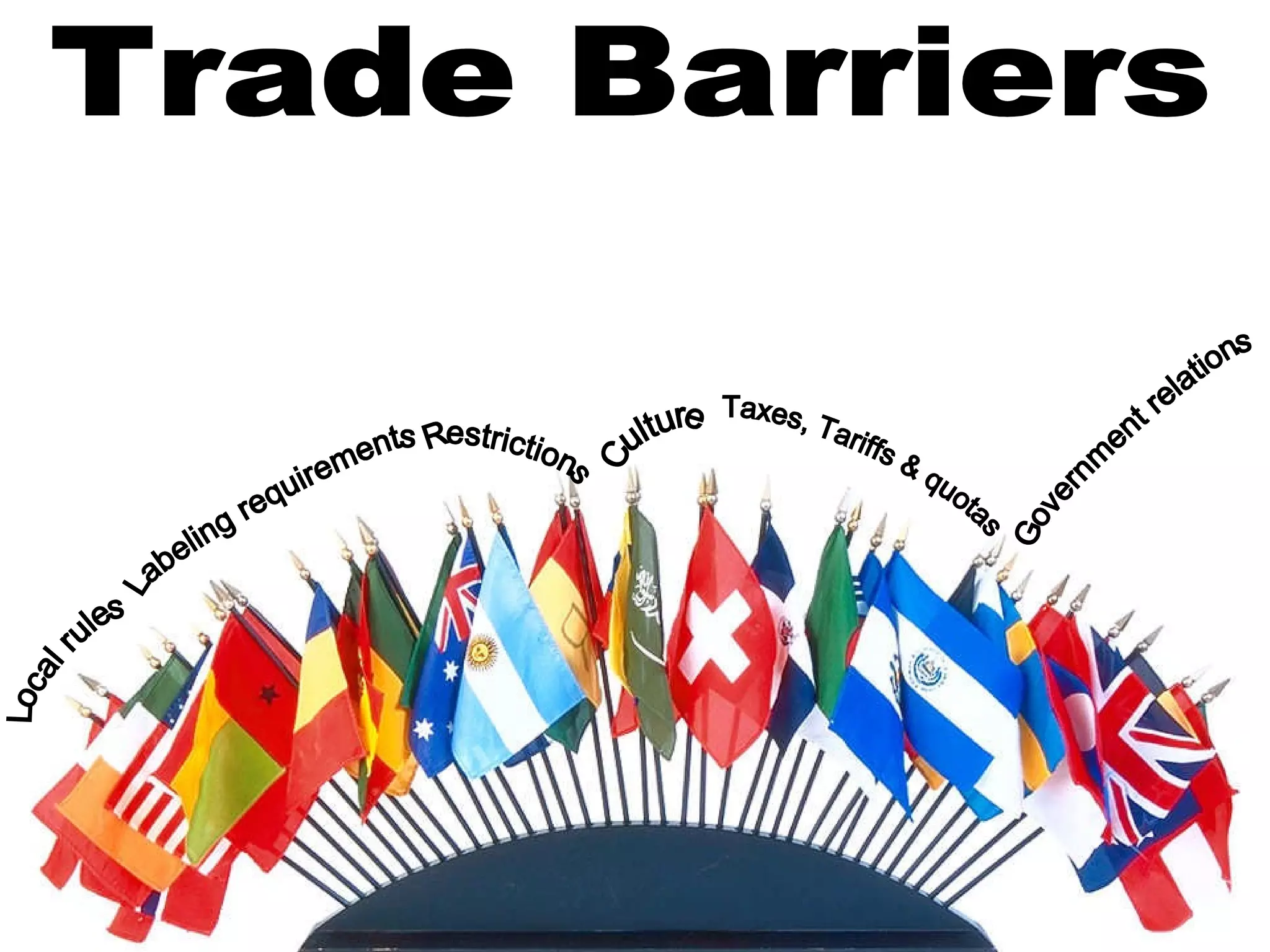 Trade Barriers Local rules Labeling requirements Restrictions Taxes, Tariffs & quotas Government relations Culture 
