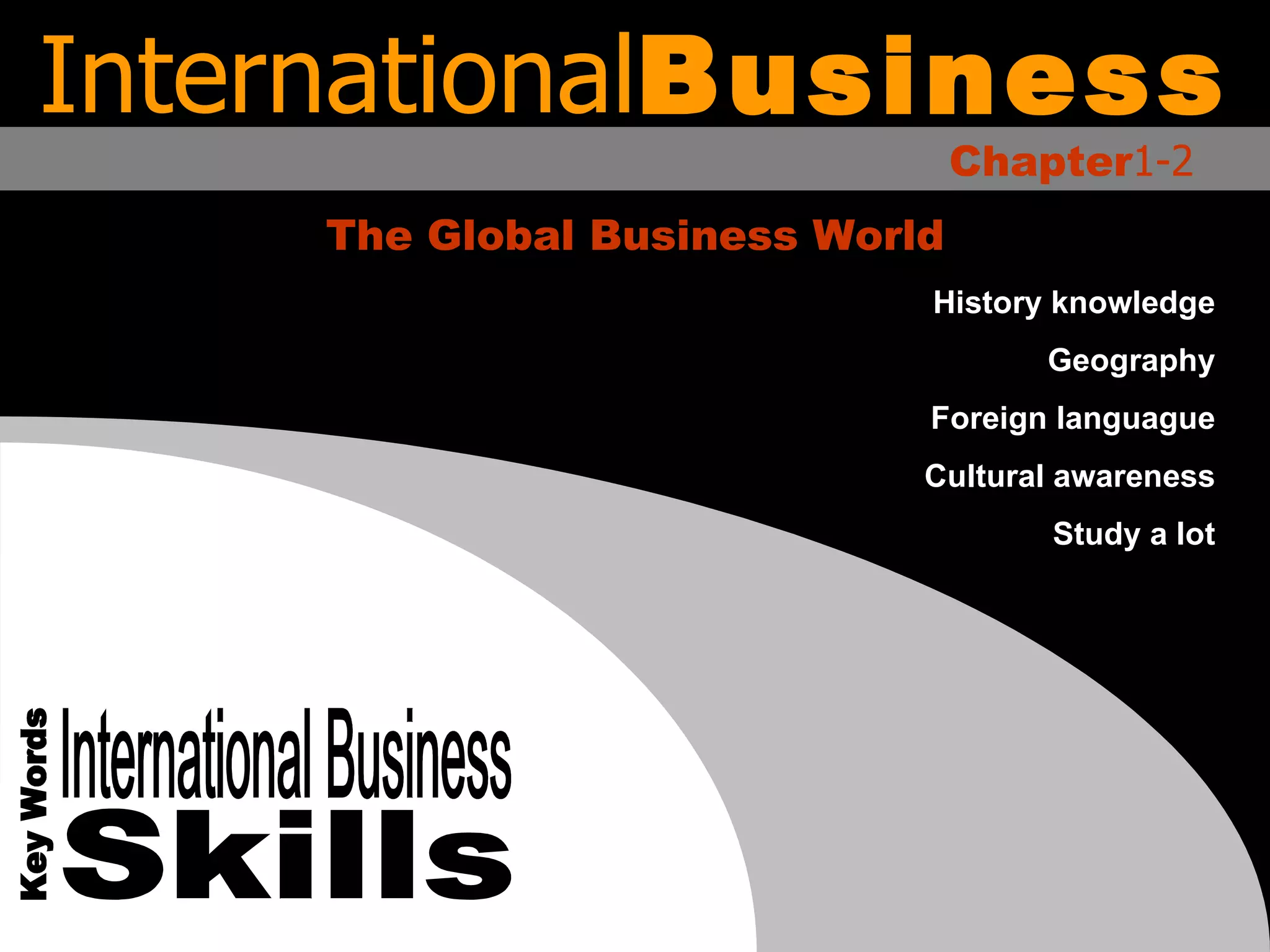International Business Chapter 1-2 The Global Business World International Business Skills Key Words History knowledge Geography Foreign languague Cultural awareness Study a lot 