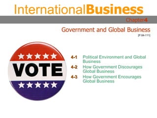4-1 Political Environment and Global Business 4-2 How Government Discourages Global Business 4-3 How Government Encourages Global Business International Business Chapter 4 Government and Global Business [P.84-111] 