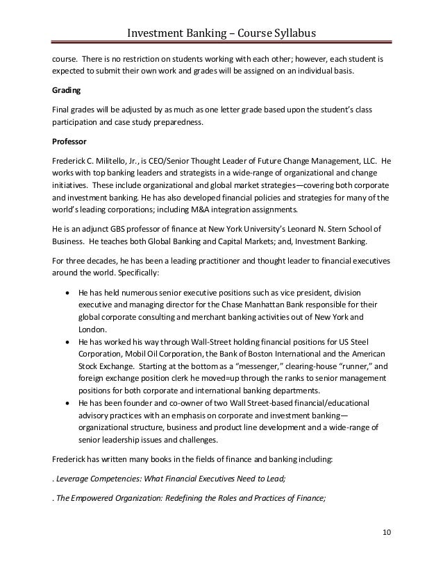 Investment Banking course syllabus nyu summer 2013pdf