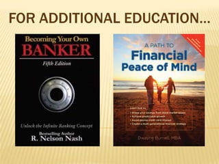  When the loan is paid off, you have the car and all the money you paid for itright back in your Family Bank plan, and then some, because your plan has been earning money for you the entire timeon every single penny you borrowed from it!LET’S CREATE OUR AUTOMOBILE POLICYASSUMPTIONSMale: Age 25, Non-Smoker / Paid Up AdditionsMonthly Premium: $700 or $8,400 AnnuallyLump Sum Contribution: $5,000Car Loans: $25,000 / car, starting in year 5		(10 cars over a 40 year period)Retirement Income: Begins age 70 & continues for 21 yearsLife Insurance Benefit: Paid at death at assumed age of 90 