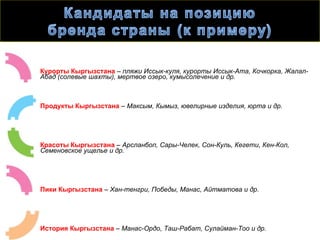 Курорты Кыргызстана – пляжи Иссык-куля, курорты Иссык-Ата, Кочкорка, Жалал-
Абад (солевые шахты), мертвое озеро, кумысолечение и др.



Продукты Кыргызстана – Максым, Кымыз, ювелирные изделия, юрта и др.




Красоты Кыргызстана – Арсланбоп, Сары-Челек, Сон-Куль, Кегети, Кен-Кол,
Семеновское ущелье и др.




Пики Кыргызстана – Хан-тенгри, Победы, Манас, Айтматова и др.




История Кыргызстана – Манас-Ордо, Таш-Рабат, Сулайман-Тоо и др.
                       М. Чакиев: maxconsalt@mail.ru
 
