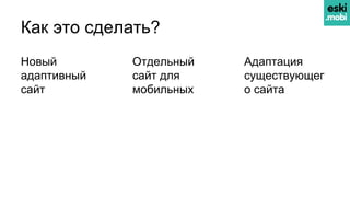 Как это сделать?
Новый
адаптивный
сайт
Отдельный
сайт для
мобильных
Адаптация
существующег
о сайта
 