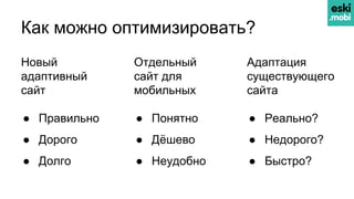 Как можно оптимизировать?
Новый
адаптивный
сайт
● Правильно
● Дорого
● Долго
Отдельный
сайт для
мобильных
● Понятно
● Дёшево
● Неудобно
Адаптация
существующего
сайта
● Реально?
● Недорого?
● Быстро?
 