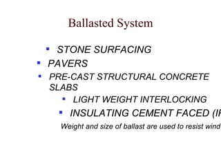 Ballasted System STONE SURFACING PAVERS PRE-CAST STRUCTURAL CONCRETE SLABS LIGHT WEIGHT INTERLOCKING INSULATING CEMENT FACED (IRMA) Weight and size of ballast are used to resist wind forces 