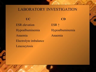UC CD
ESR elevation
Hypoalbuminemia
Anaemia
Electrolyte imbalance
Leucocytosis
ESR ↑
Hypoalbuminemia
Anaemia
LABORATORY INVESTIGATION
 