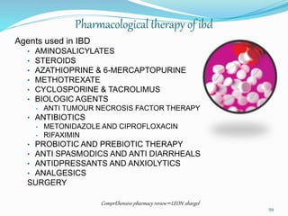 Pharmacological therapy of ibd
Agents used in IBD
• AMINOSALICYLATES
• STEROIDS
• AZATHIOPRINE & 6-MERCAPTOPURINE
• METHOTREXATE
• CYCLOSPORINE & TACROLIMUS
• BIOLOGIC AGENTS
• ANTI TUMOUR NECROSIS FACTOR THERAPY
• ANTIBIOTICS
• METONIDAZOLE AND CIPROFLOXACIN
• RIFAXIMIN
• PROBIOTIC AND PREBIOTIC THERAPY
• ANTI SPASMODICS AND ANTI DIARRHEALS
• ANTIDPRESSANTS AND ANXIOLYTICS
• ANALGESICS
SURGERY
ComprEhensive pharmacy review –LEON shargel
59
 