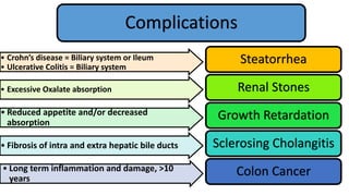 Steatorrhea
Renal Stones
Growth Retardation
Sclerosing Cholangitis
Colon Cancer
Complications
• Crohn’s disease = Biliary system or Ileum
• Ulcerative Colitis = Biliary system
• Excessive Oxalate absorption
• Reduced appetite and/or decreased
absorption
• Fibrosis of intra and extra hepatic bile ducts
• Long term inflammation and damage, >10
years
 