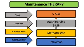 5-ASA
Azathiopruine
6-MP
Methotrexate
Infliximab
Maintenance THERAPY
TMPT TEST
TUBERCULIN TEST
NON-RESPONSIVE
Start
 