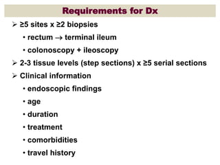 Requirements for Dx
 ≥5 sites x ≥2 biopsies
• rectum  terminal ileum
• colonoscopy + ileoscopy
 2-3 tissue levels (step sections) x ≥5 serial sections
 Clinical information
• endoscopic findings
• age
• duration
• treatment
• comorbidities
• travel history
 