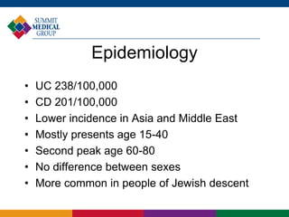 Epidemiology
• UC 238/100,000
• CD 201/100,000
• Lower incidence in Asia and Middle East
• Mostly presents age 15-40
• Second peak age 60-80
• No difference between sexes
• More common in people of Jewish descent
 