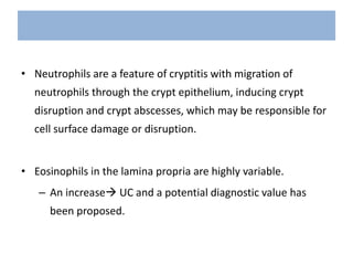 • Neutrophils are a feature of cryptitis with migration of
neutrophils through the crypt epithelium, inducing crypt
disruption and crypt abscesses, which may be responsible for
cell surface damage or disruption.
• Eosinophils in the lamina propria are highly variable.
– An increase UC and a potential diagnostic value has
been proposed.
 