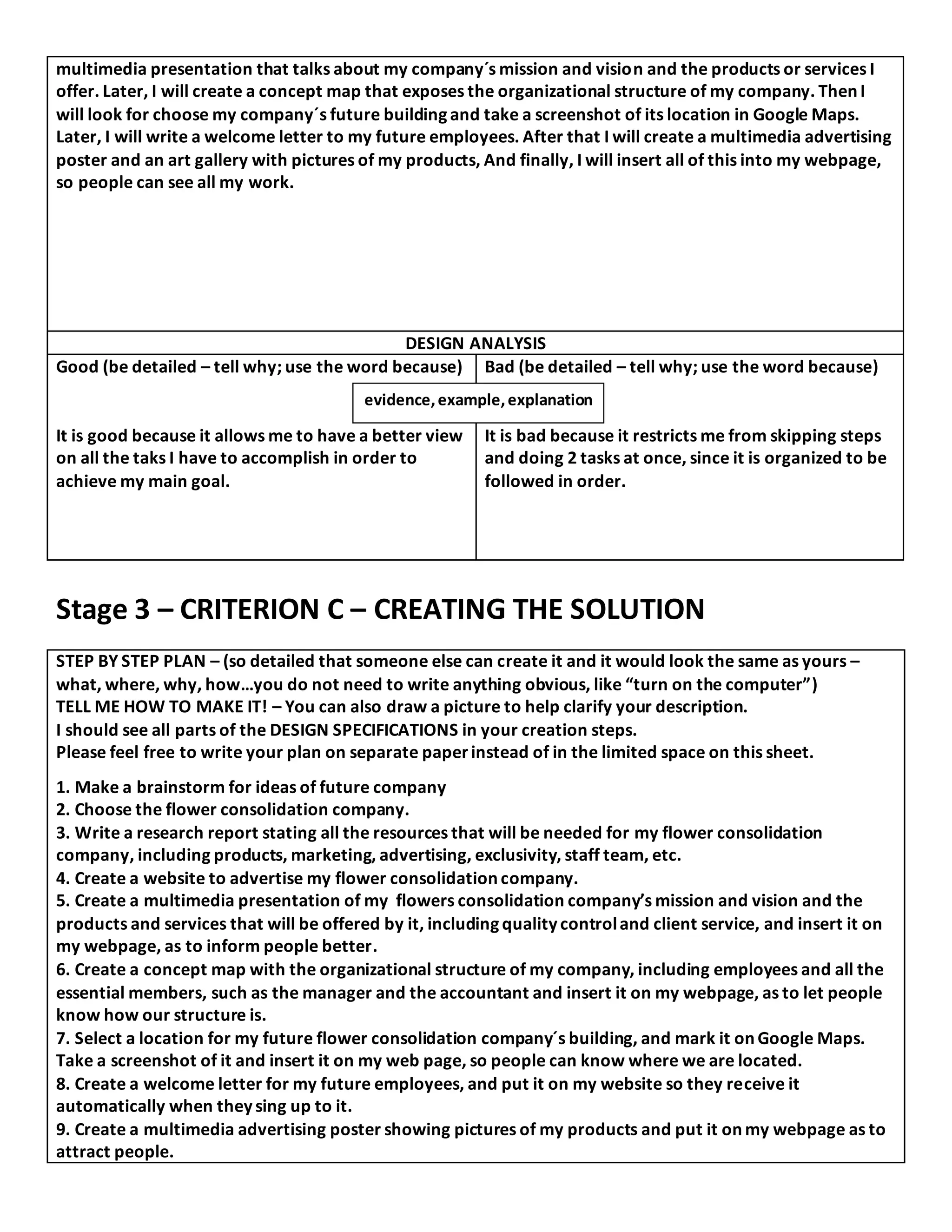 multimedia presentation that talks about my company´s mission and vision and the products or services I
offer. Later, I will create a concept map that exposes the organizational structure of my company. Then I
will look for choose my company´s future building and take a screenshot of its location in Google Maps.
Later, I will write a welcome letter to my future employees. After that I will create a multimedia advertising
poster and an art gallery with pictures of my products, And finally, I will insert all of this into my webpage,
so people can see all my work.
DESIGN ANALYSIS
Good (be detailed – tell why; use the word because)
It is good because it allows me to have a better view
on all the taks I have to accomplish in order to
achieve my main goal.
Bad (be detailed – tell why; use the word because)
It is bad because it restricts me from skipping steps
and doing 2 tasks at once, since it is organized to be
followed in order.
Stage 3 – CRITERION C – CREATING THE SOLUTION
STEP BY STEP PLAN – (so detailed that someone else can create it and it would look the same as yours –
what, where, why, how…you do not need to write anything obvious, like “turn on the computer”)
TELL ME HOW TO MAKE IT! – You can also draw a picture to help clarify your description.
I should see all parts of the DESIGN SPECIFICATIONS in your creation steps.
Please feel free to write your plan on separate paperinstead of in the limited space on this sheet.
1. Make a brainstorm for ideas of future company
2. Choose the flower consolidation company.
3. Write a research report stating all the resources that will be needed for my flower consolidation
company, including products, marketing, advertising, exclusivity, staff team, etc.
4. Create a website to advertise my flower consolidation company.
5. Create a multimedia presentation of my flowers consolidation company’s mission and vision and the
products and services that will be offered by it, including quality controland client service, and insert it on
my webpage, as to inform people better.
6. Create a concept map with the organizational structure of my company, including employees and all the
essential members, such as the manager and the accountant and insert it on my webpage, as to let people
know how our structure is.
7. Select a location for my future flower consolidation company´s building, and mark it on Google Maps.
Take a screenshot of it and insert it on my web page, so people can know where we are located.
8. Create a welcome letter for my future employees, and put it on my website so they receive it
automatically when they sing up to it.
9. Create a multimedia advertising poster showing pictures of my products and put it on my webpage as to
attract people.
evidence,example,explanation
 