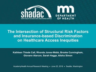 The Intersection of Structural Risk Factors
and Insurance-based Discrimination
on Healthcare Access Inequities
Kathleen Thiede Call, Rhonda Jones-Webb, Brooke Cunningham,
Giovann Alarcon, Sarah Hagge, Alisha Simon
AcademyHealth Annual Research Meeting  June 25, 2018  Seattle, Washington
 