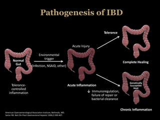 Pathogenesis of IBD
American Gastroenterological Association Institute, Bethesda, MD.
Sartor RB. Nat Clin Pract Gastroenterol Hepatol. 2006;3:390-407.
Normal
Gut
Tolerance-
controlled
inflammation
Tolerance
Acute Injury
Environmental
trigger
(Infection, NSAID, other)
Complete Healing
Chronic Inflammation
Genetically
Susceptible
Host
Acute Inflammation
↓ Immunoregulation,
failure of repair or
bacterial clearance
 