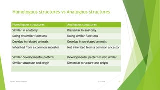 Homologous structures vs Analogous structures
2/12/2018By Mrs. Mariam Ohanyan 23
Homologues structures Analogues structures
Similar in anatomy Dissimilar in anatomy
Doing dissimilar functions Doing similar functions
Develop in related animals Develop in unrelated animals
Inherited from a common ancestor Not inherited from a common ancestor
Similar developmental pattern Developmental pattern is not similar
Similar structure and origin Dissimilar structure and origin
 